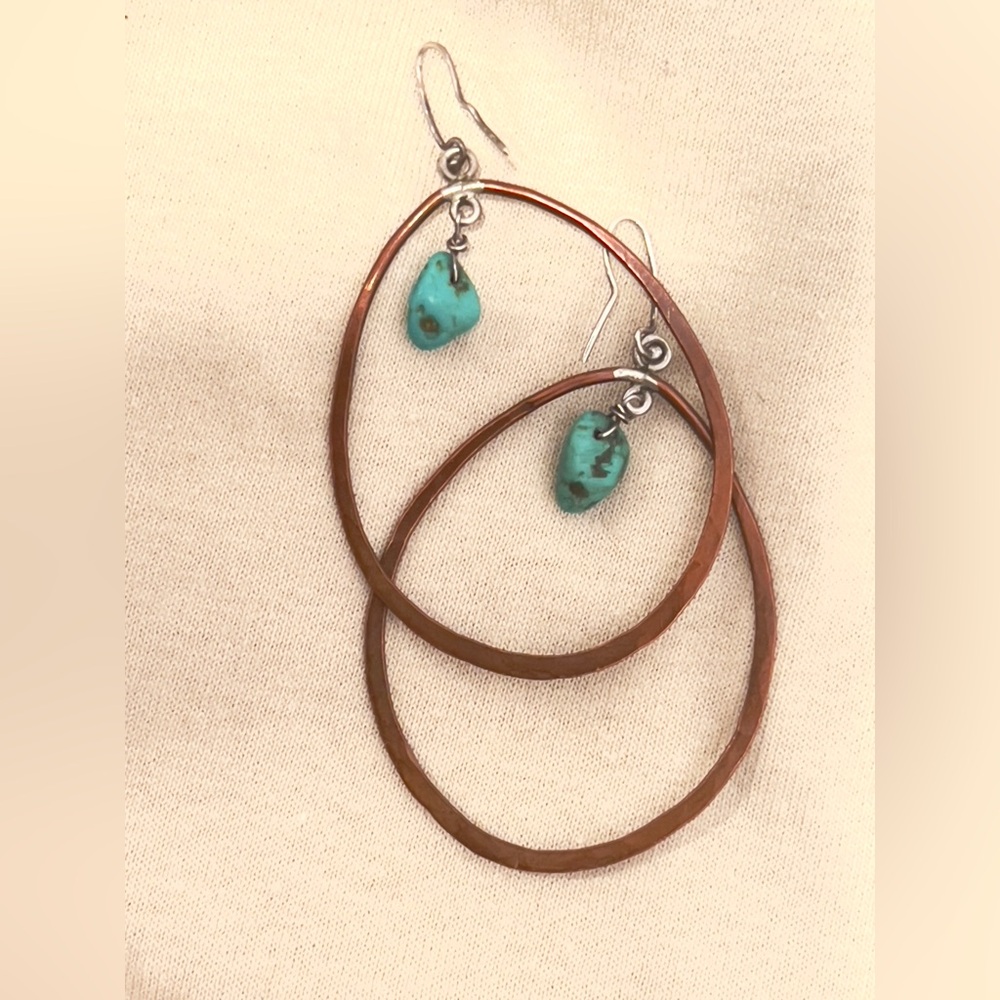 Artisan Turquoise Copper Hoop Dangle Earrings .925 Silver Clasp 2" Drop